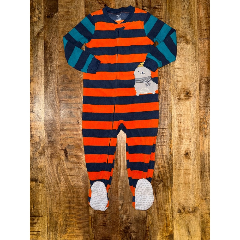 Carters Toddler Boys 4T Fleece Footed Pajamas Orange Navy Blue Walrus Sleeper